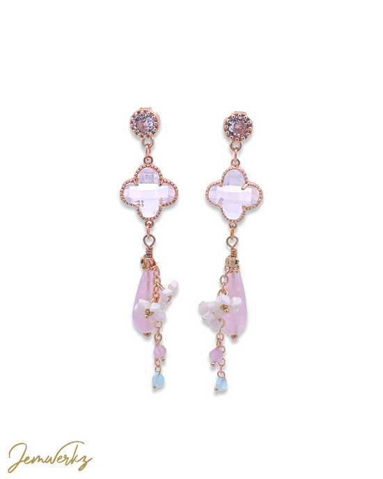 ROBYN - Rose Quartz Teardrop with (Pink/ White) Clover Dangling Charm Earrings