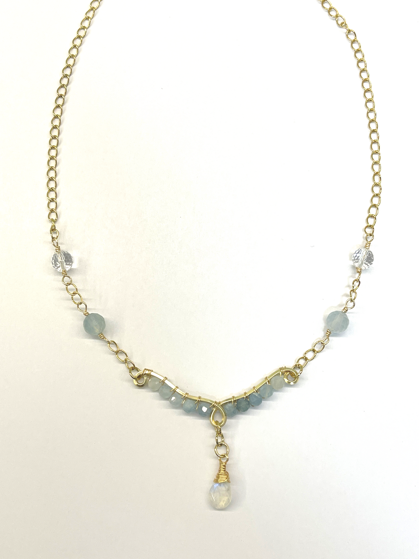 ANETTA - Ombre Faceted Aquamarine, Clear Quartz with Dangling Moonstone Teardrop Necklace