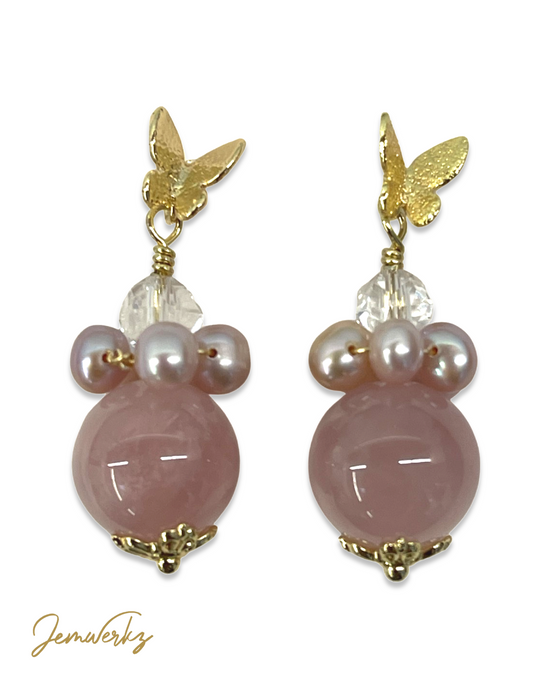 Load image into Gallery viewer, RYOKO - Rose Quartz, Freshwater Pearls and Clear Quartz Earrings
