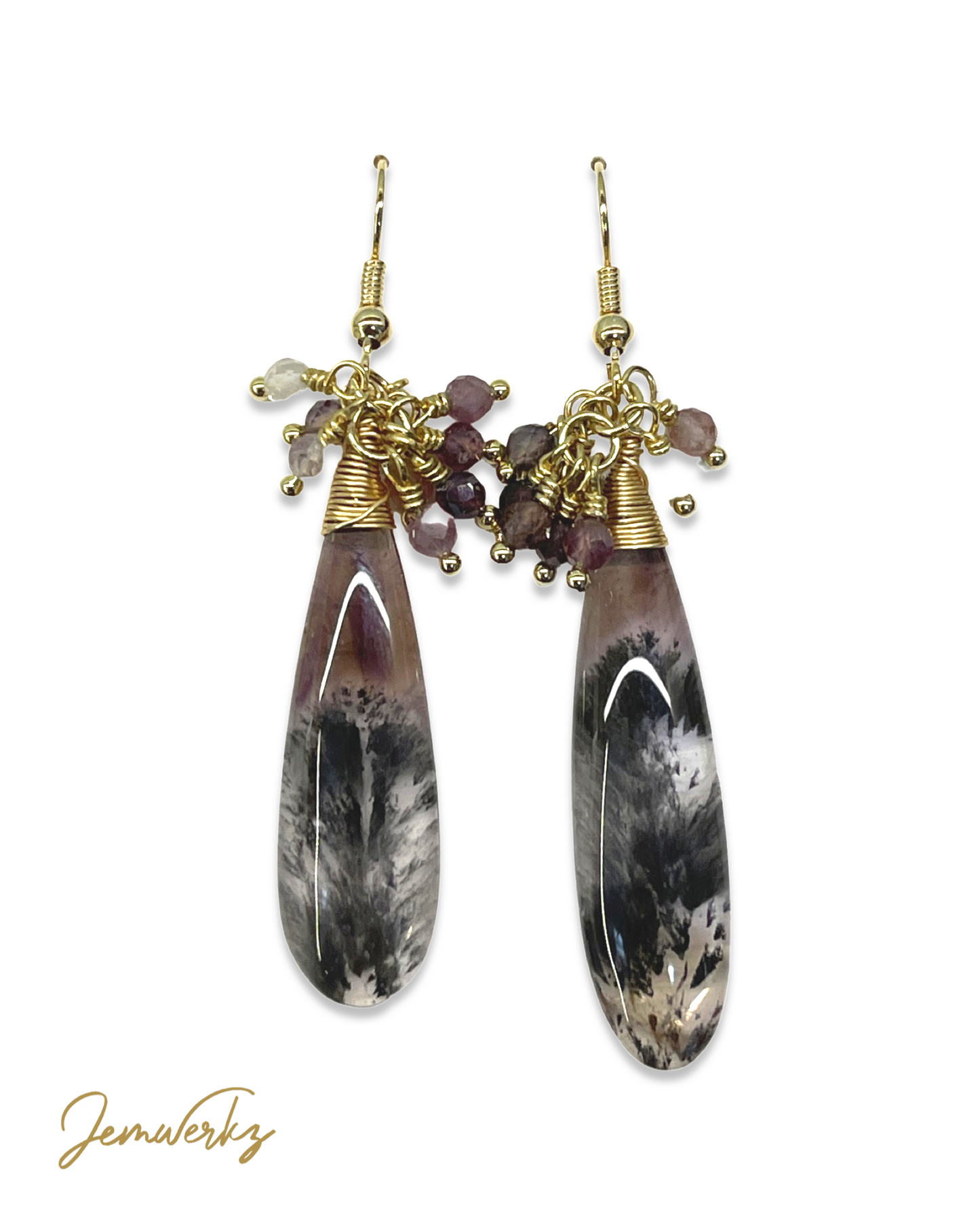 AZUSA - Black Auralite Teardrop Earrings with Faceted Spinel Cluster