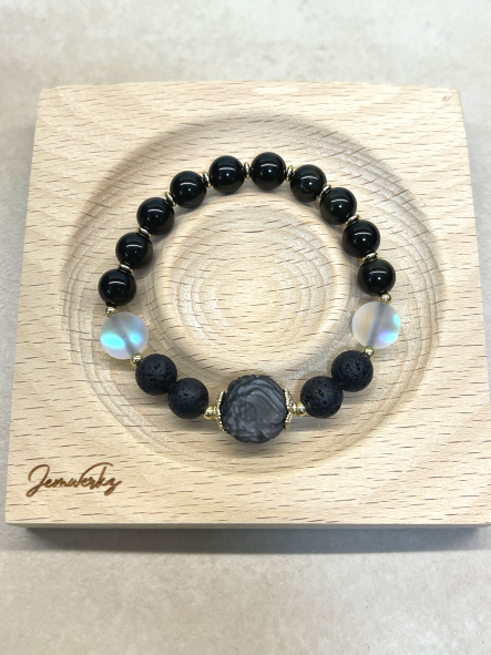 ONORIA - Obsidian Fox Bead, Lava Stones, Aura Beads and Obsidian Bracelet
