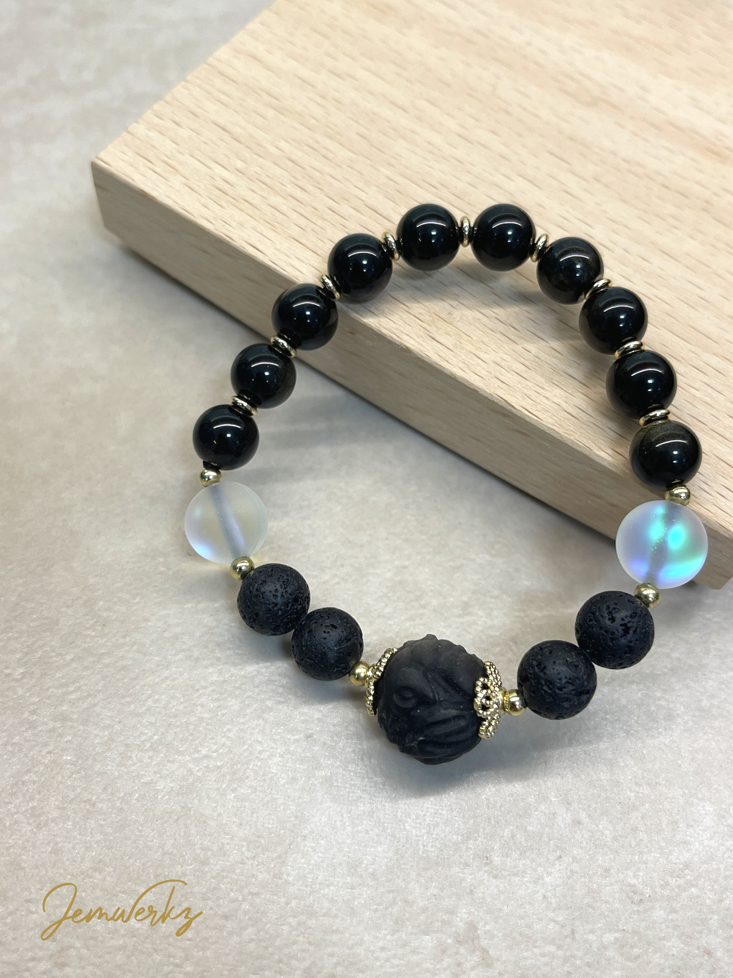 ONORIA - Obsidian Fox Bead, Lava Stones, Aura Beads and Obsidian Bracelet