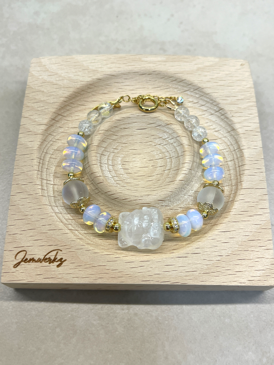 OPHELIA - Selenite Fox, Opalite, Clear Quartz and Aura Beads Bracelet