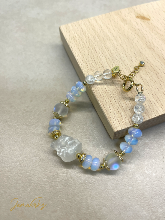 OPHELIA - Selenite Fox, Opalite, Clear Quartz and Aura Beads Bracelet