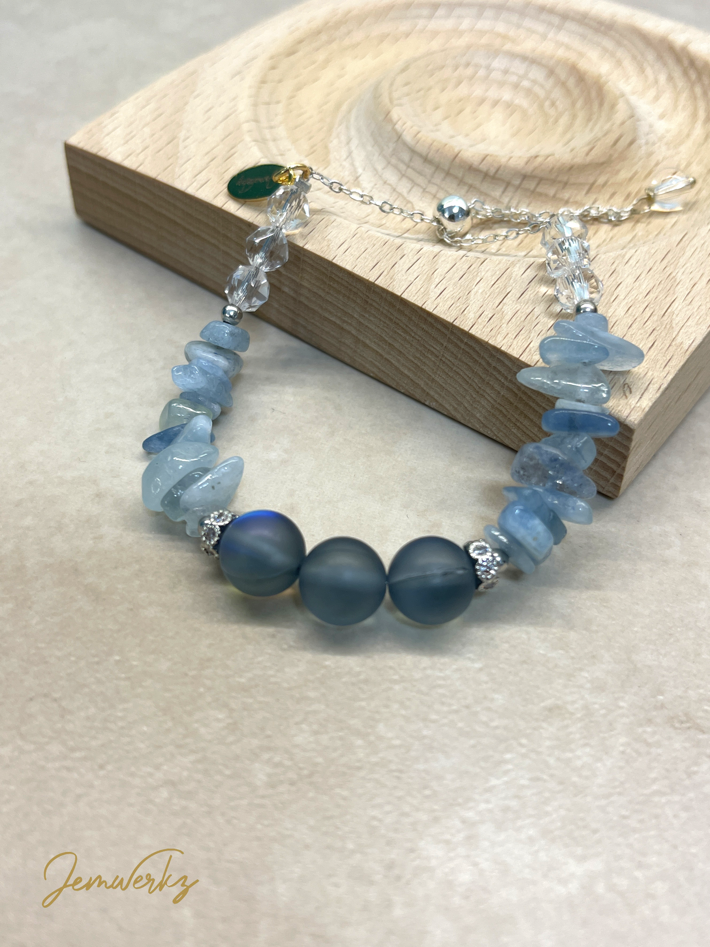 ALYZA 2.0 - Aquamarine Chips, Blue Aura Beads and Clear Quartz Bracelet (Silver)
