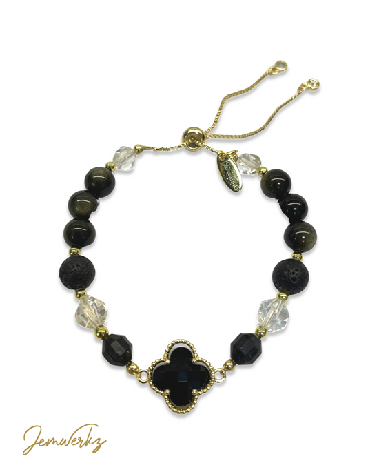 ORION - Black Tourmaline, Lava Stone, Obsidian, Clear Quartz and Black Clover Centrepiece Bracelet