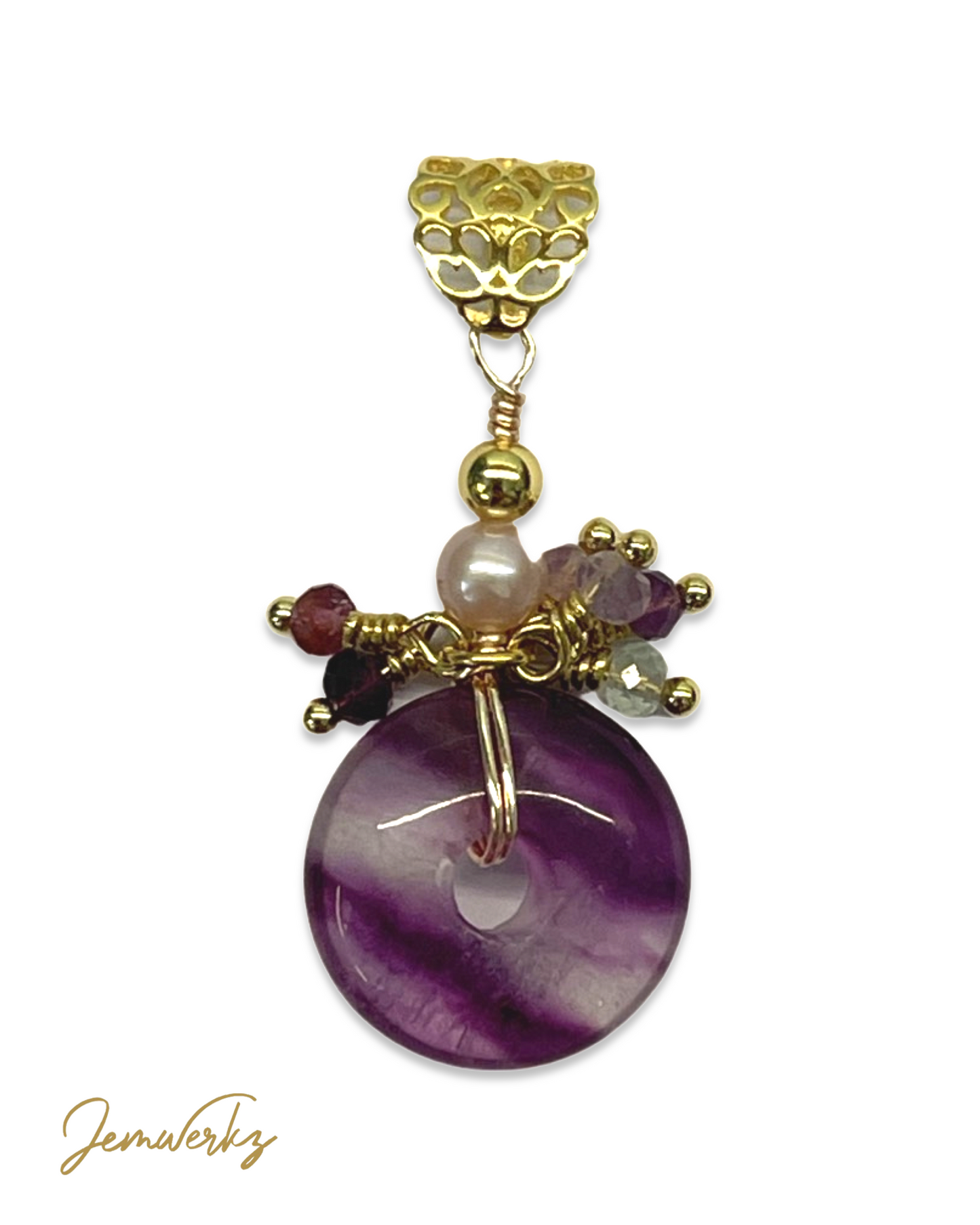 FLEUR - Fluorite Donut with Freshwater Pearl and Fluorite Cluster Pendant