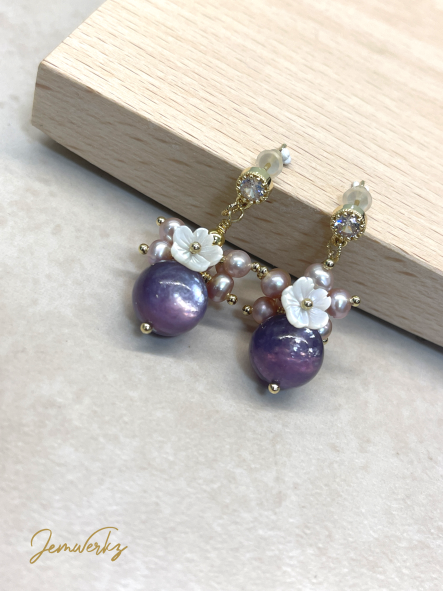 Load image into Gallery viewer, LANELLE - Gem Lepidolite, Freshwater Pearls and Pearl Shell Flower Cluster Earrings
