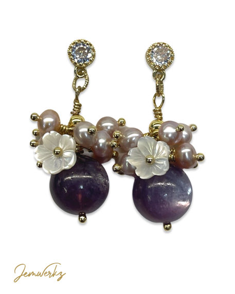 LANELLE - Gem Lepidolite, Freshwater Pearls and Pearl Shell Flower Cluster Earrings