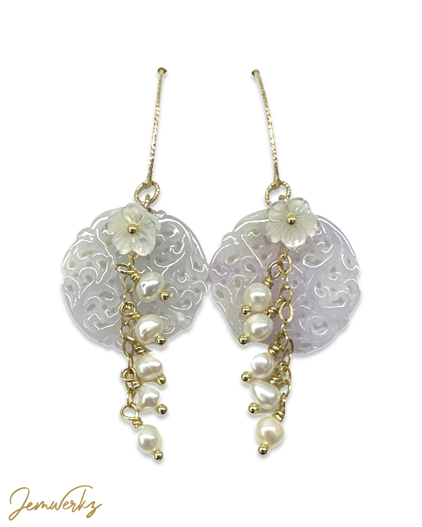 JAEL- Carved Jade with Freshwater Pearls and Pearl Shell Flower Earrings