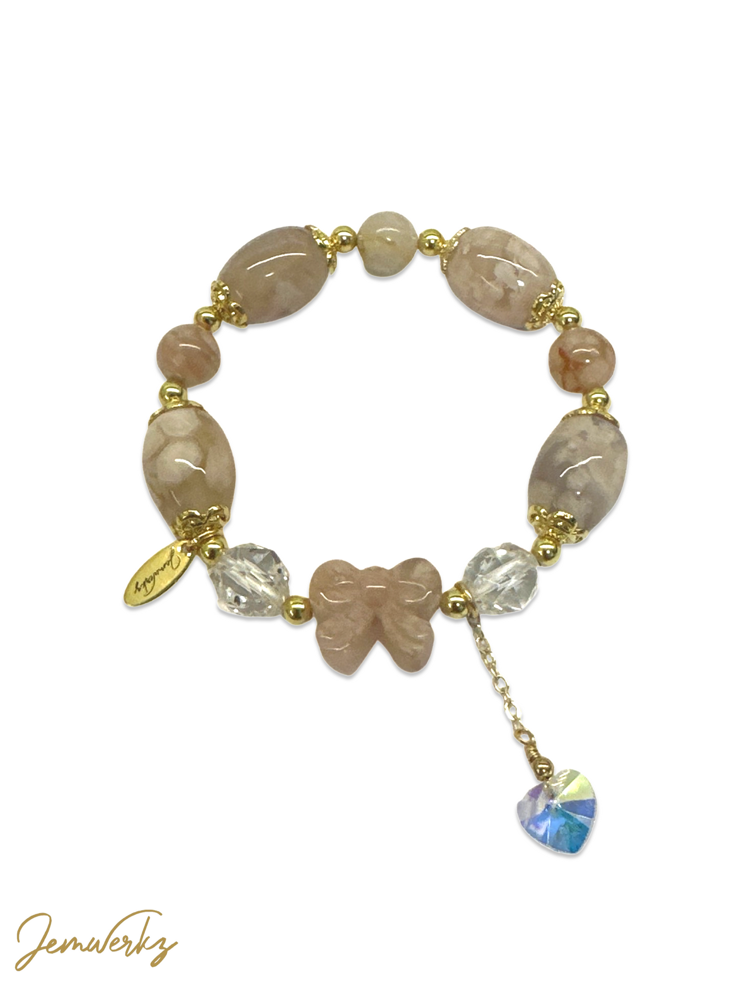 SAGE 1.1 - Sakura Agate Ribbon and Barrel Bracelet with Faceted Clear Quartz and Dangling Heart Charm