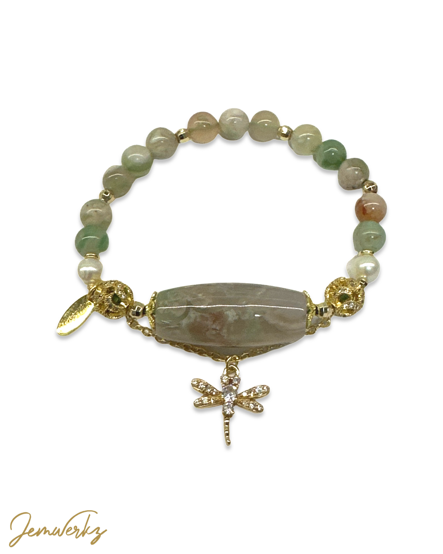 STELLA 1.0 - Green Sakura Agate Barrel Bracelet with Freshwater Pearls and Dragonfly Charm