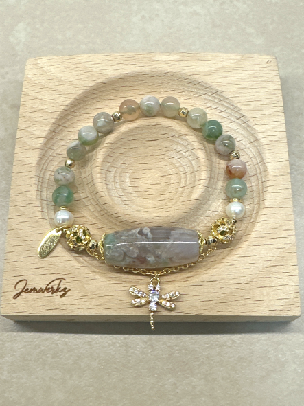 STELLA 1.0 - Green Sakura Agate Barrel Bracelet with Freshwater Pearls and Dragonfly Charm