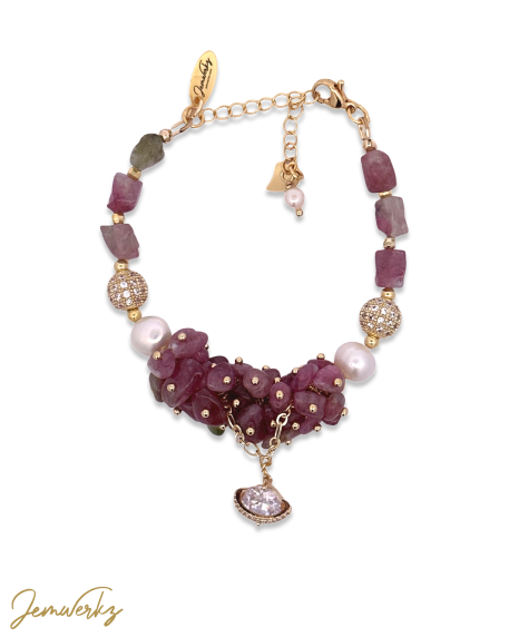 TYNESHA - Pink Tourmaline Chips and Freeform Adjustable Bracelet with Freshwater Pearls and Planet Charm