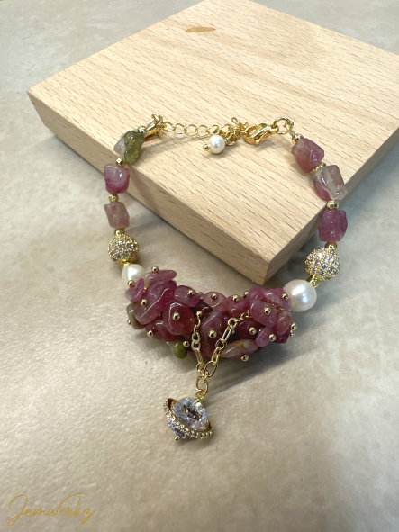 TYNESHA - Pink Tourmaline Chips and Freeform Adjustable Bracelet with Freshwater Pearls and Planet Charm