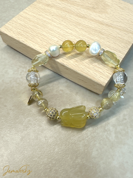ODETTE - Yellow Opal Bunny Bracelet with Gold Rutile, Faceted Lemon Quartz, Yellow Fluorite, Clear Quartz and Freshwater Pearls