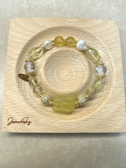 ODETTE - Yellow Opal Bunny Bracelet with Gold Rutile, Faceted Lemon Quartz, Yellow Fluorite, Clear Quartz and Freshwater Pearls