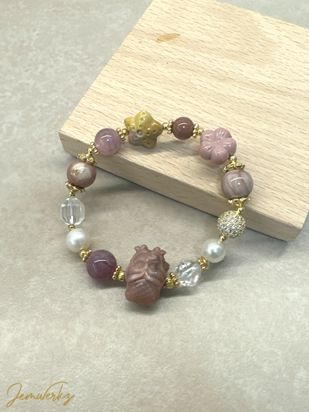 Load image into Gallery viewer, ANJI - Alashan Agate Mermaid Bracelet with Starlight Lavender Rose Quartz, Clear Quartz and Freshwater Pearls (Pink)
