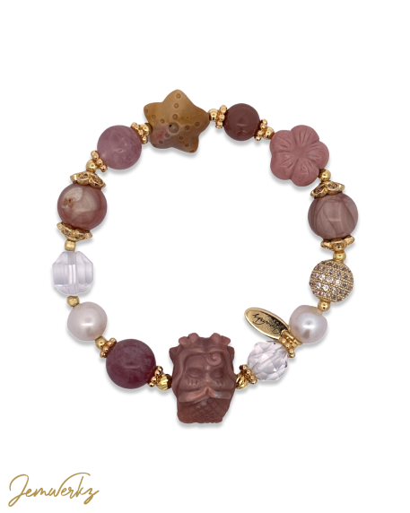 ANJI - Alashan Agate Mermaid Bracelet with Starlight Lavender Rose Quartz, Clear Quartz and Freshwater Pearls (Pink)