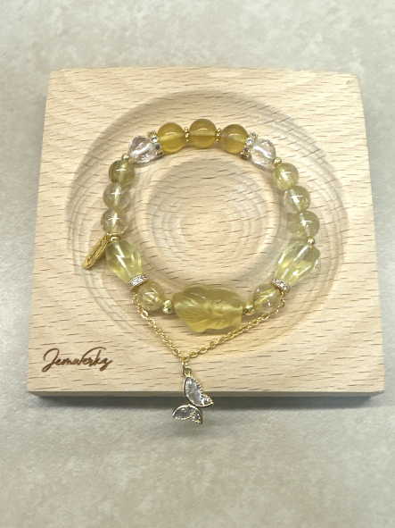 FIIA - Yellow Fluorite Goldfish Bracelet with Gold Rutile, Faceted Lemon Quartz and Clear Quartz with Butterfly Charm
