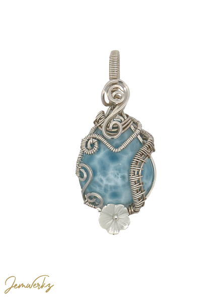 LIZBETH - Larimar Teardrop Wire-wrapped Pendant with Pearl Shell Flower