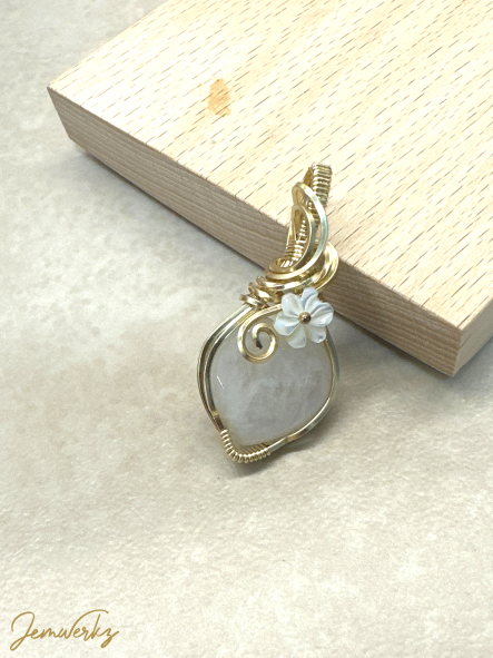 MIYUKI - Moonstone Heart Wire-wrapped Pendant with Pearl Shell Flower