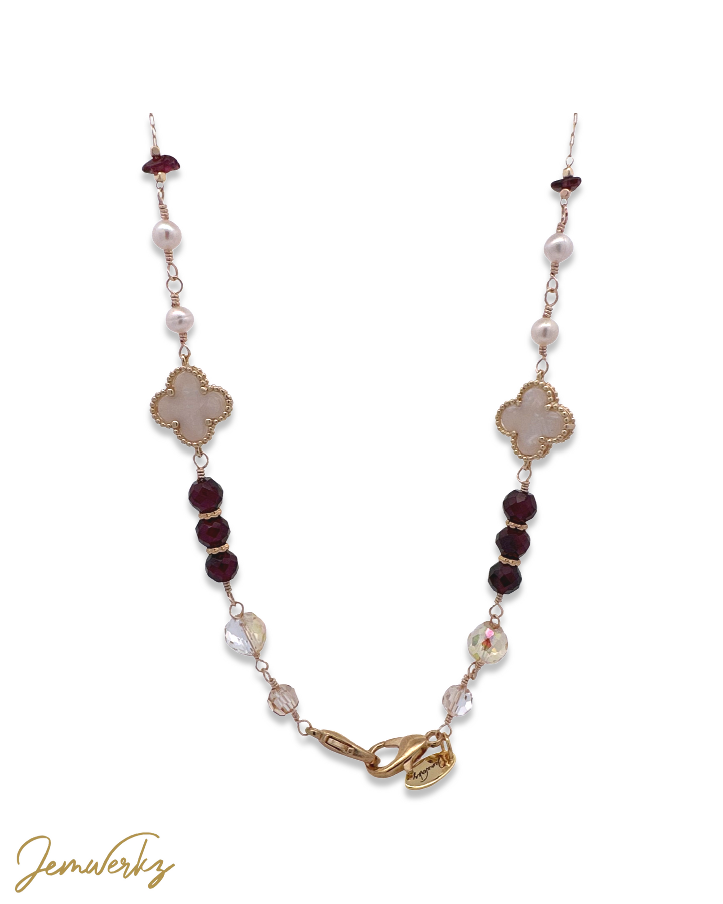 GUREN - Garnet Mask Chain with Freshwater Pearls Swarovski Crystals and Clover Charms