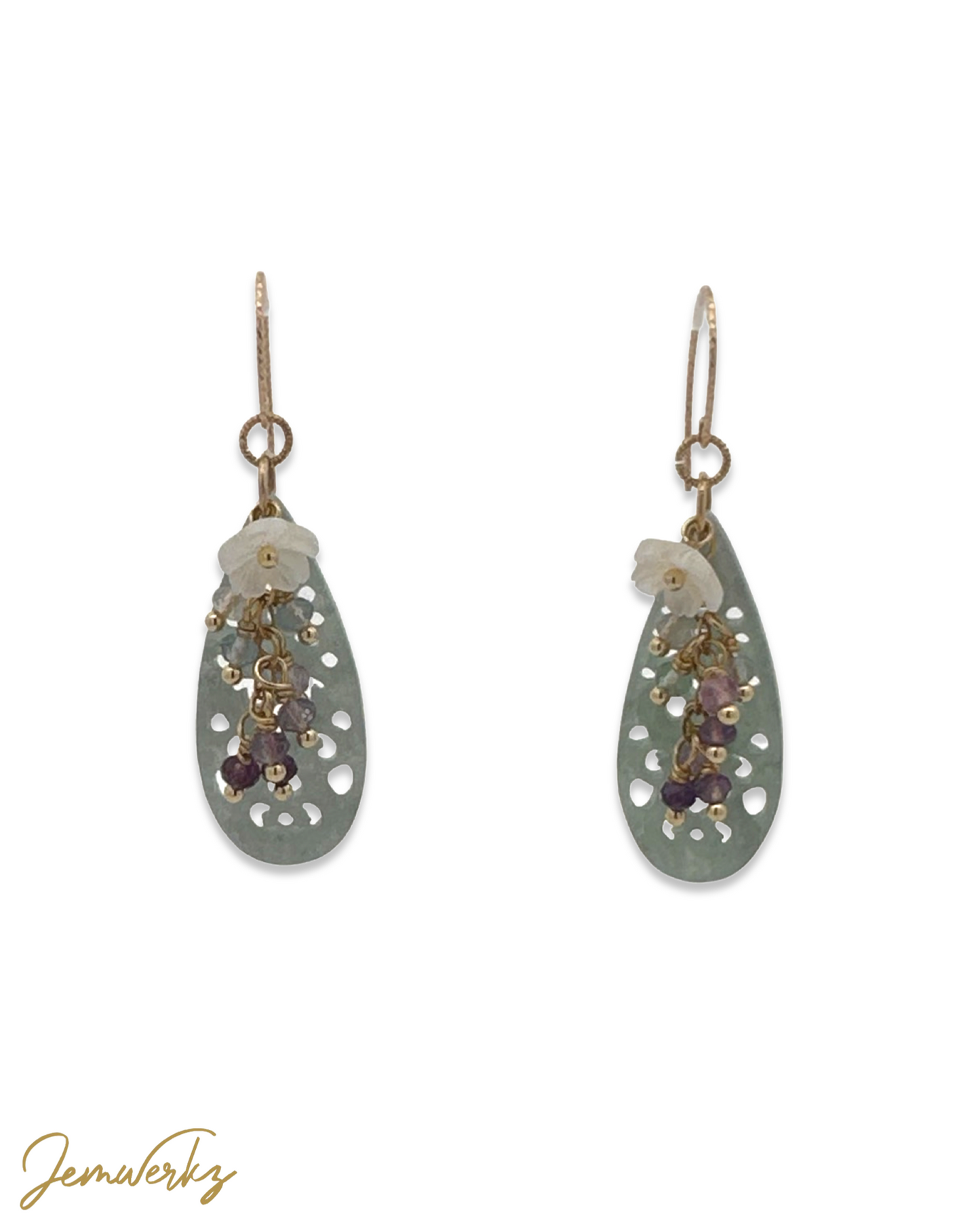 Load image into Gallery viewer, JANESSE 2.0 - Carved Jade Teardrop with Faceted Fluorite Cluster Earrings
