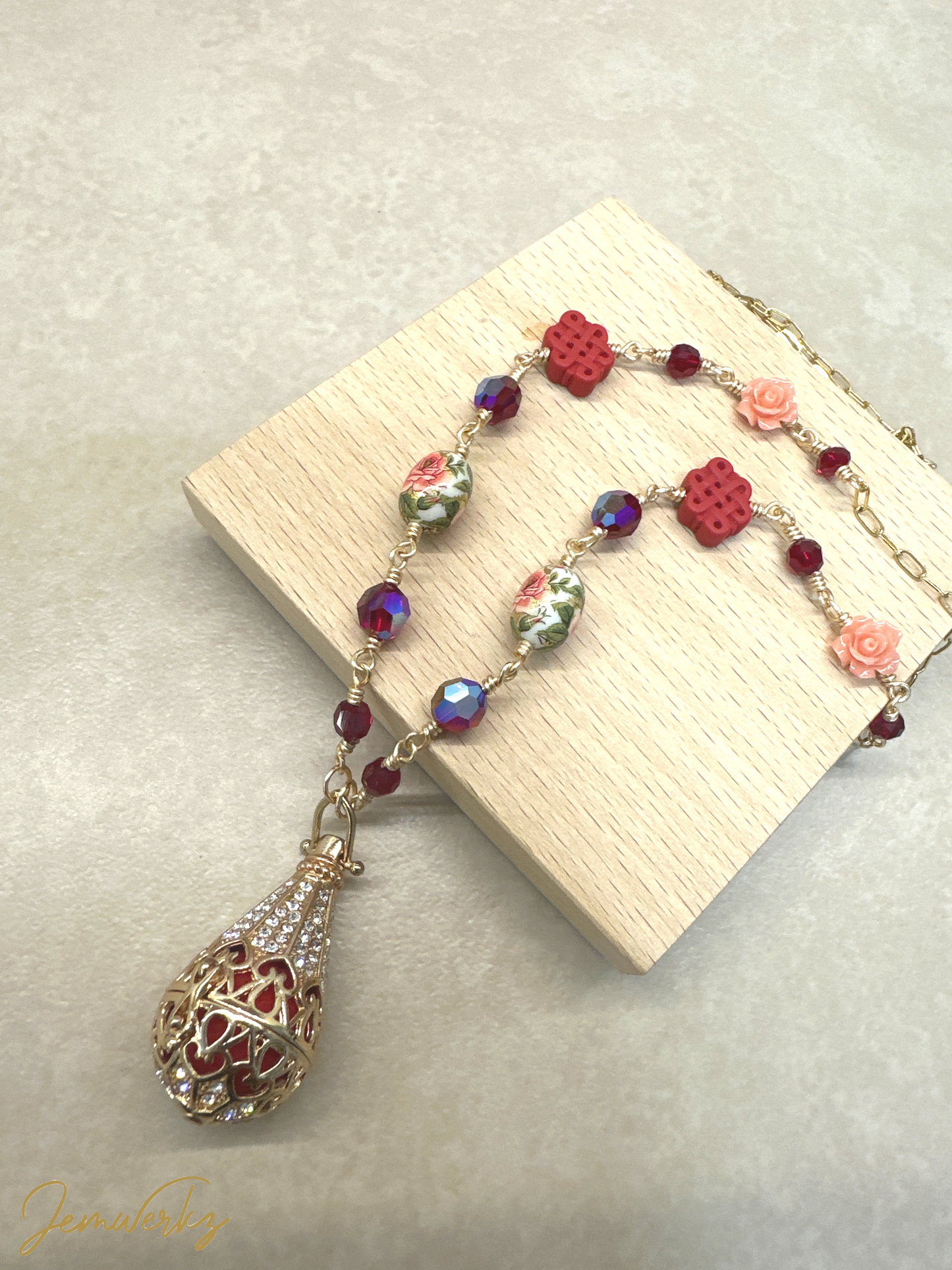 SAMIKO - Red Swarovski Crystal Necklace with Japan Floral Beads, Chinese Knot, Rose and Aroma Cage