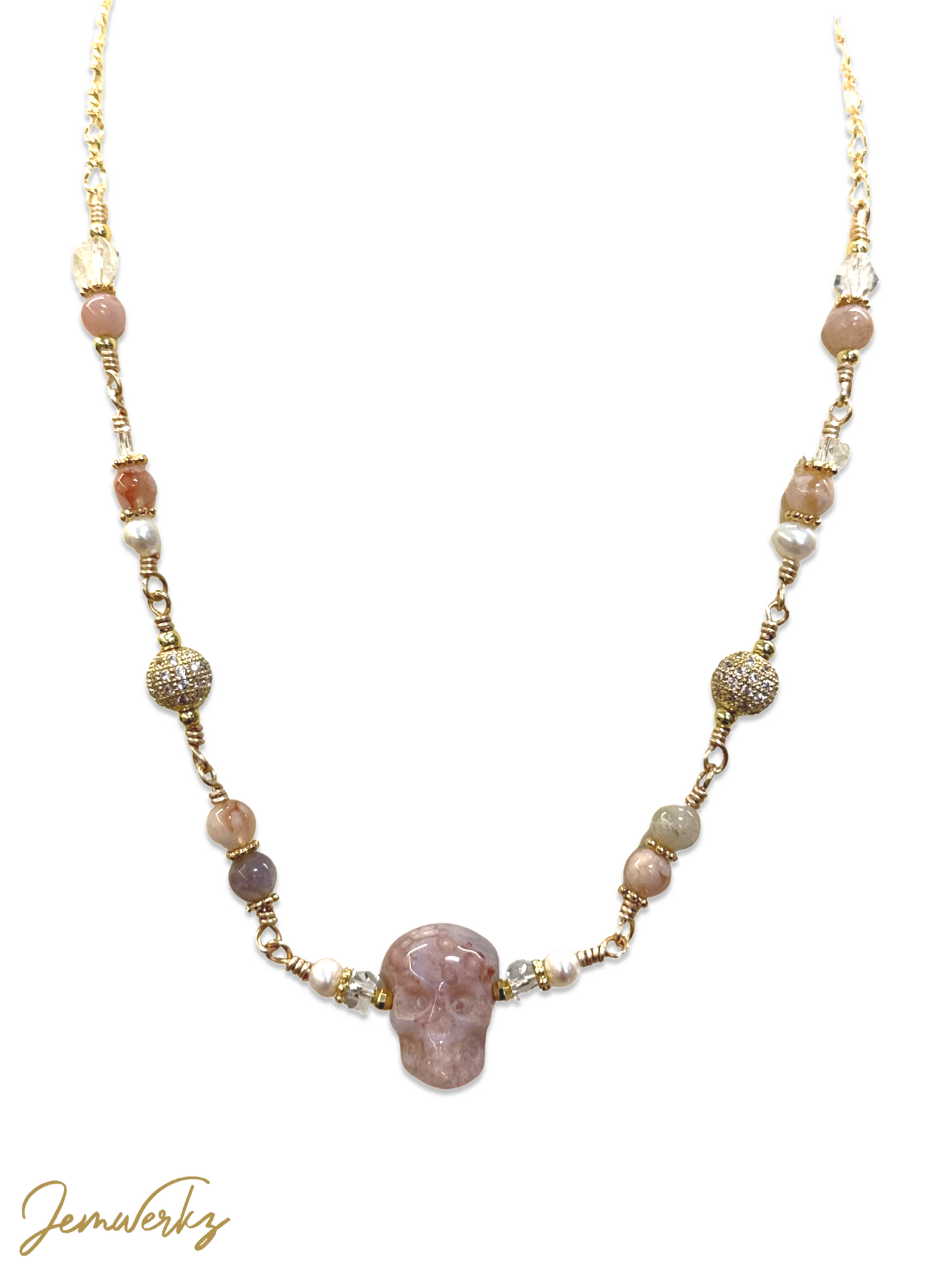 SHIORI - Sakura Agate Skull Necklace with Sakura Agate, Freshwater Pearls and Clear Quartz
