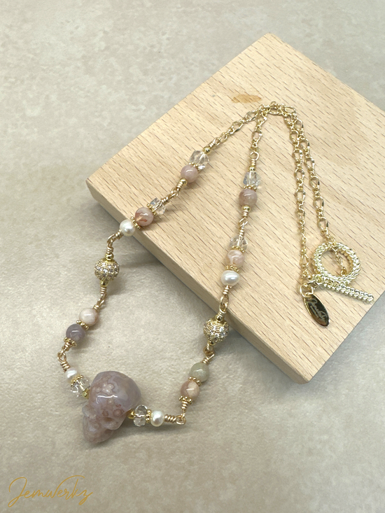 Load image into Gallery viewer, SHIORI - Sakura Agate Skull Necklace with Sakura Agate, Freshwater Pearls and Clear Quartz
