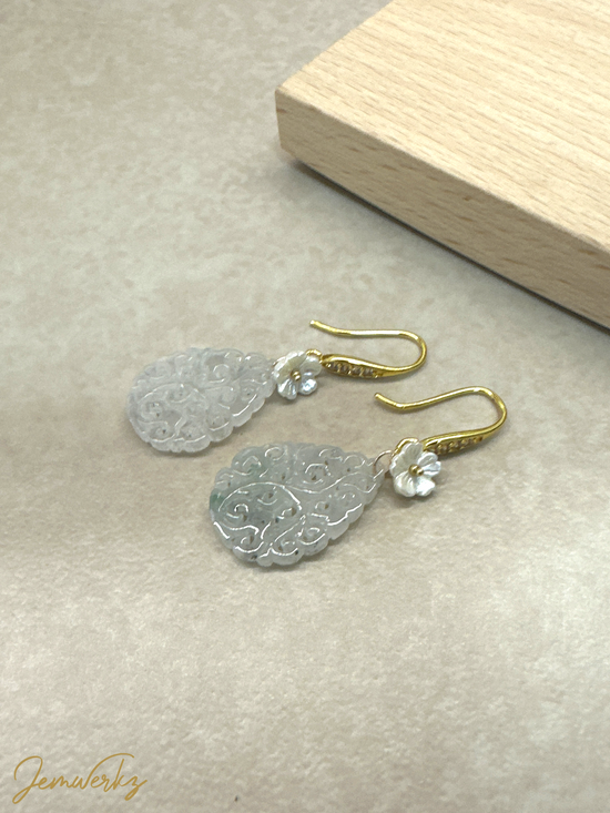 JOIE - Carved Icy Jade Earrings with Pearl Shell Flower