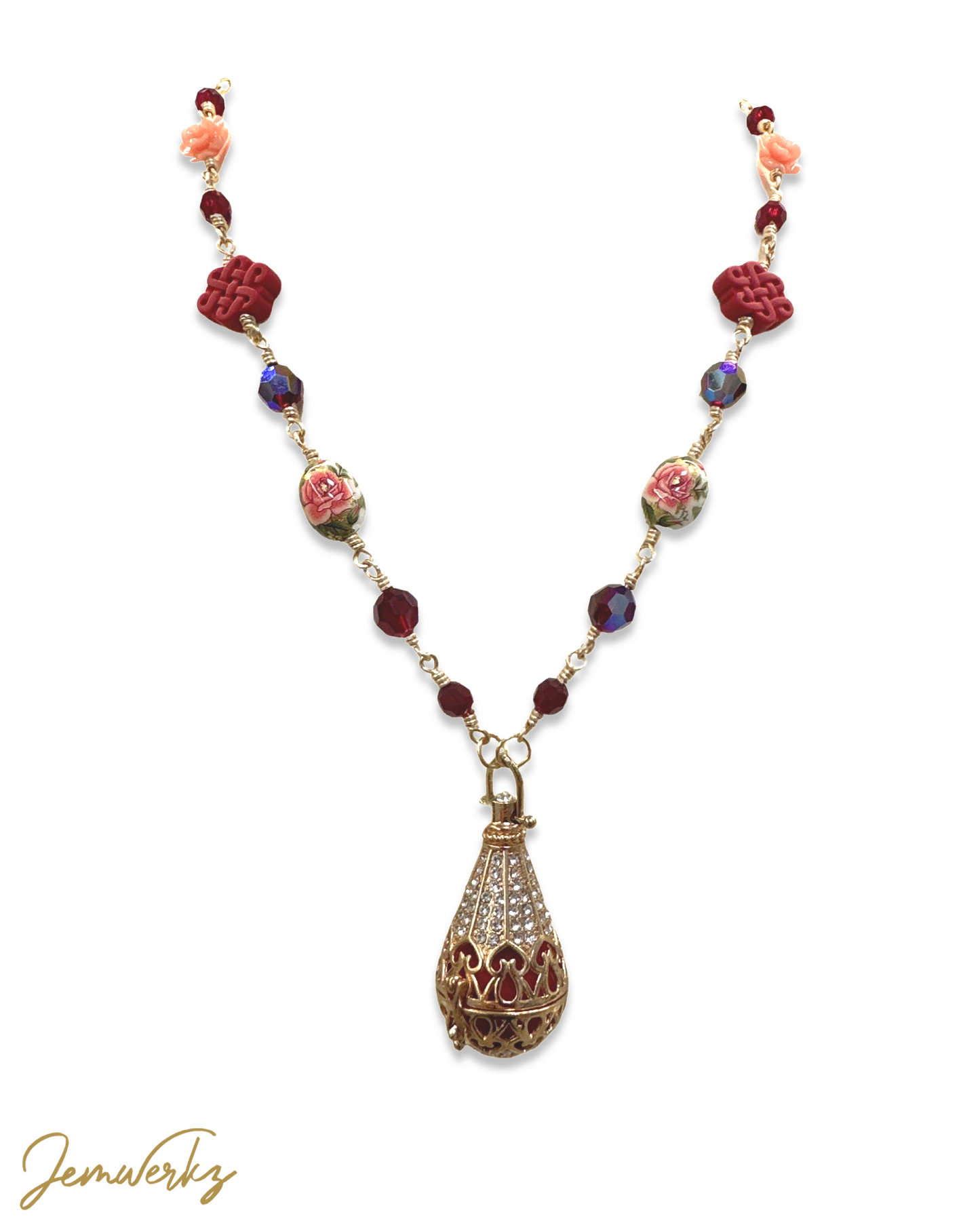 SAMIKO - Red Swarovski Crystal Necklace with Japan Floral Beads, Chinese Knot, Rose and Aroma Cage
