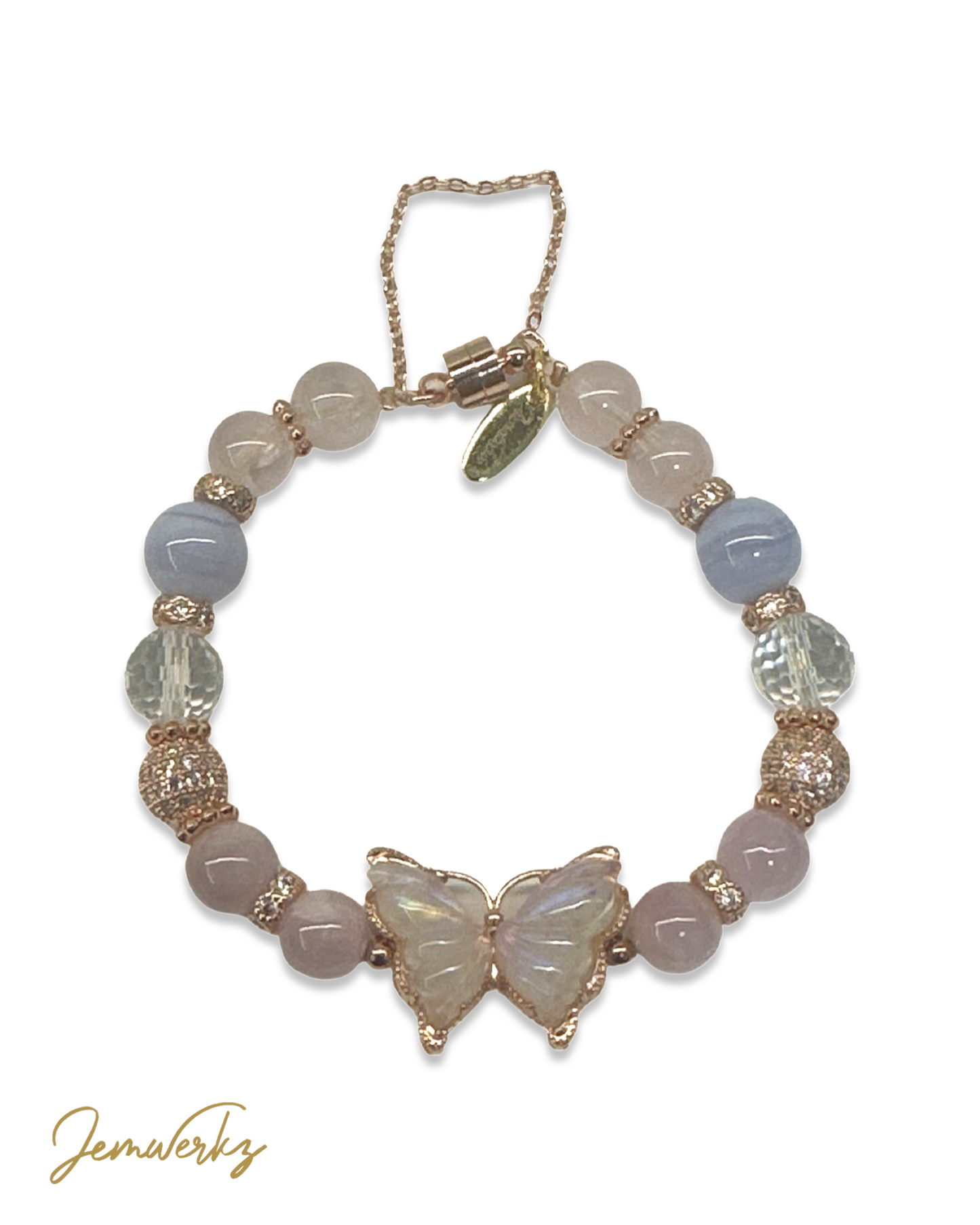 Load image into Gallery viewer, MARIE 1.0 - Moonstone Butterfly with Rose Quartz, Blue Lace Agate and Clear Quartz Bracelet
