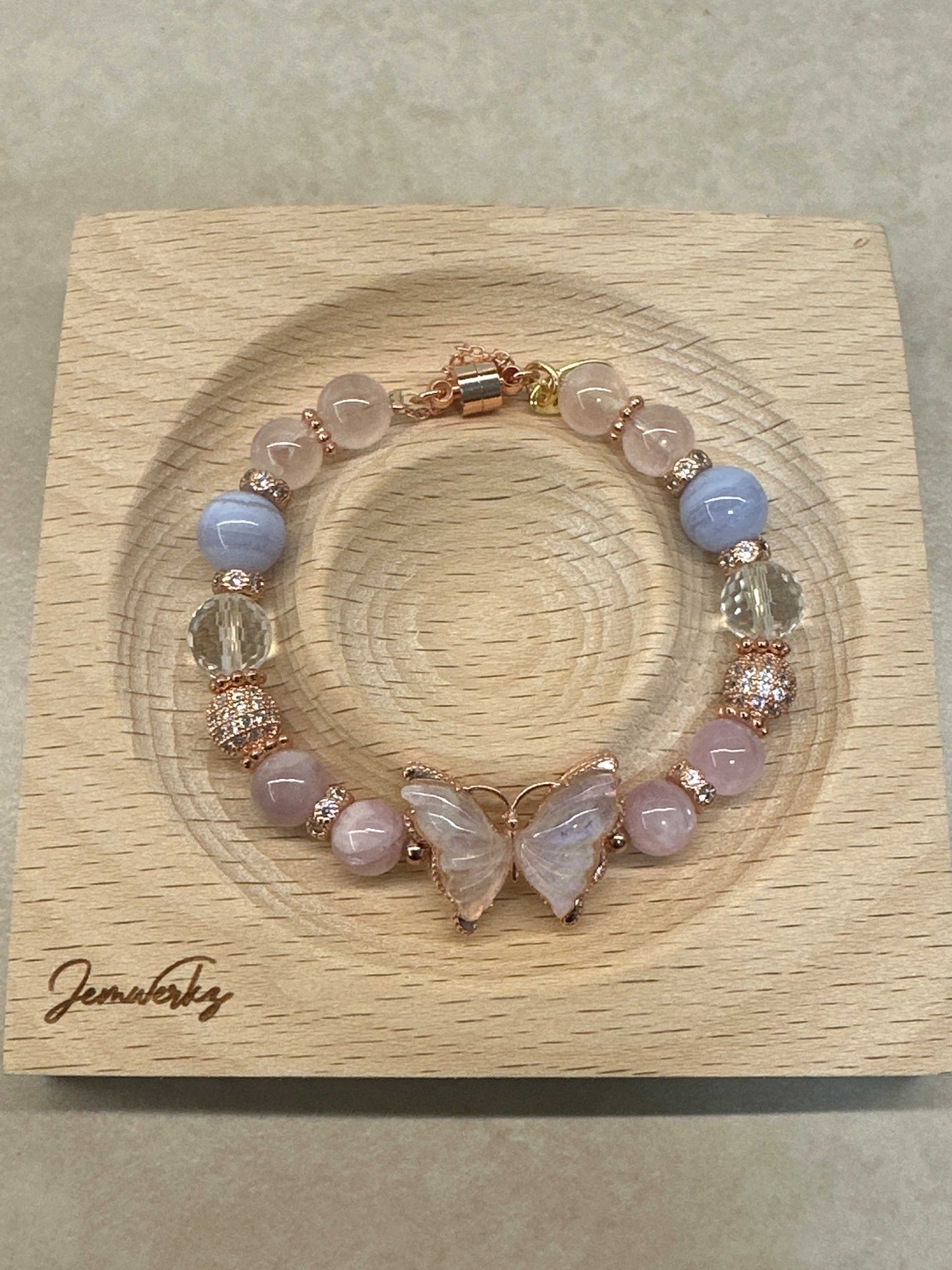 Load image into Gallery viewer, MARIE 1.0 - Moonstone Butterfly with Rose Quartz, Blue Lace Agate and Clear Quartz Bracelet
