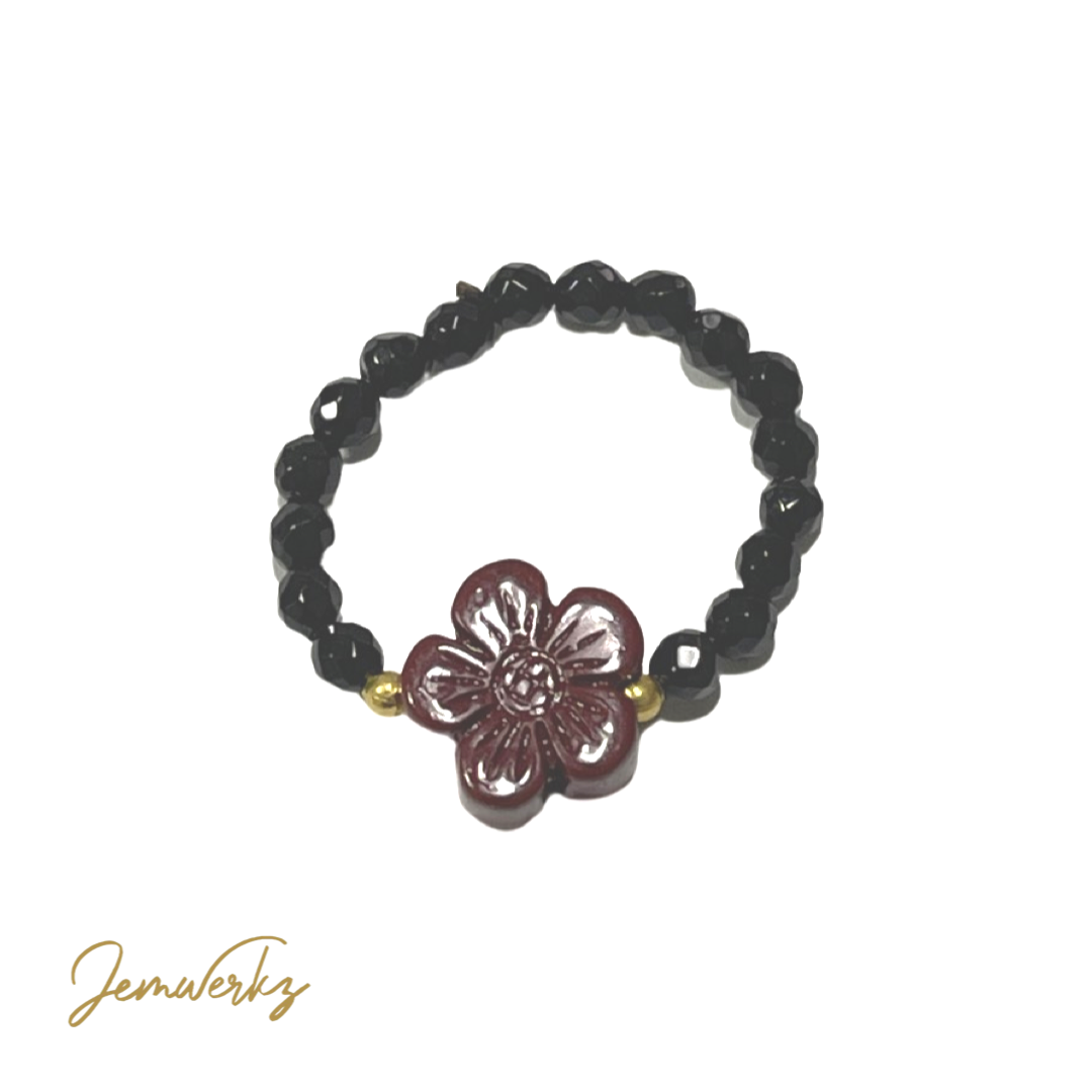CHERE - Cinnabar Flower with Faceted Black Agate Ring