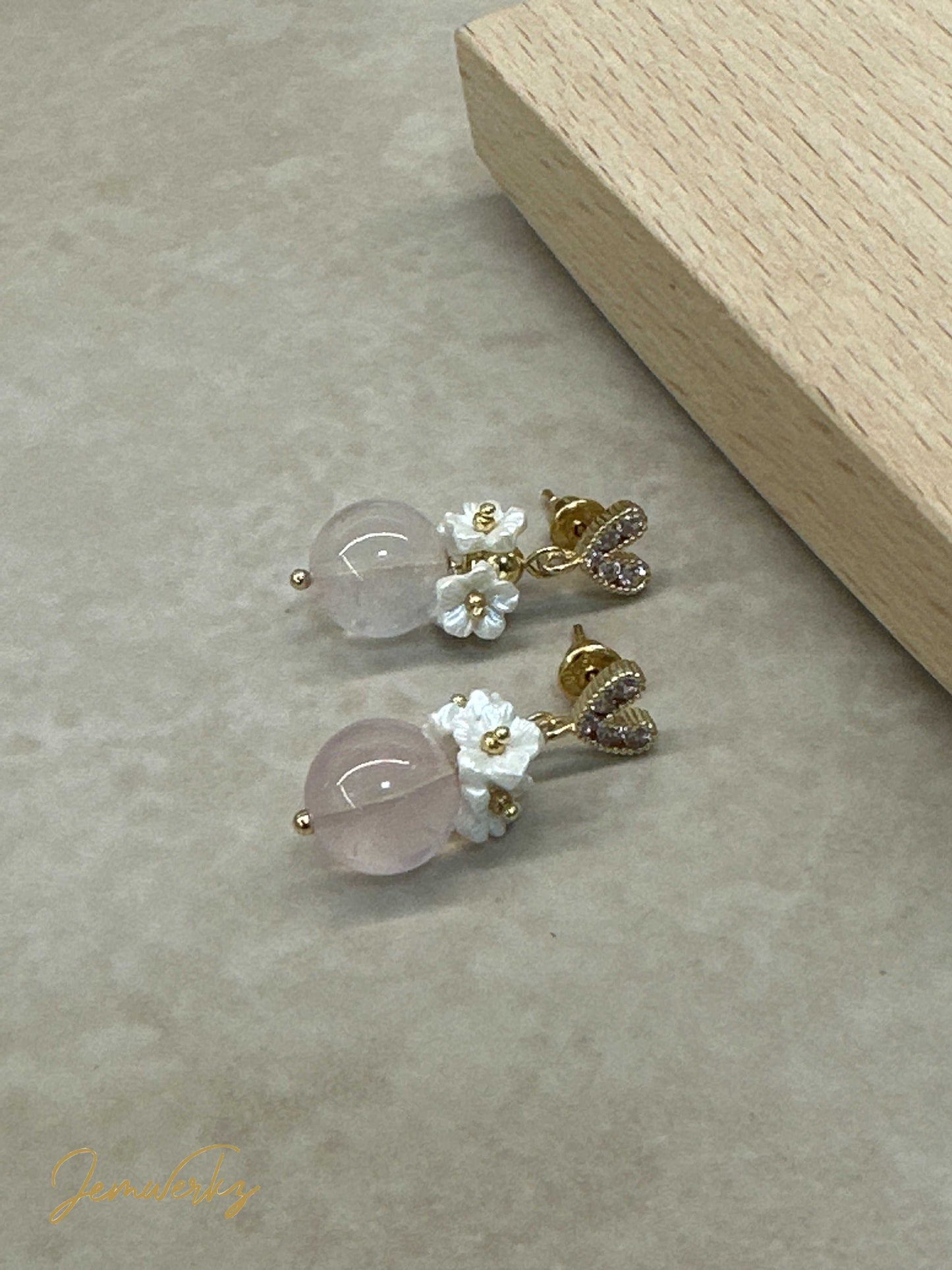 RIMI - Madagascar Rose Quartz Earrings with Pearl Shell Flower