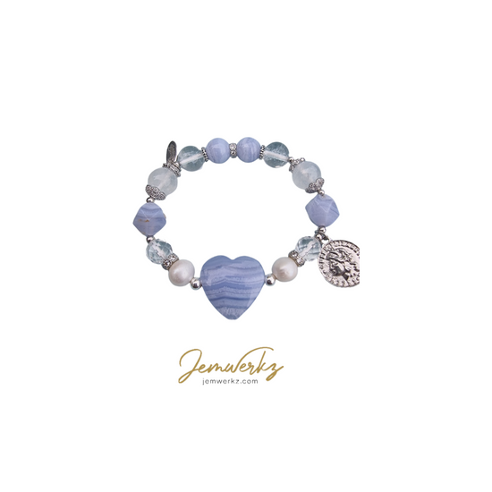 BEIKA - Blue Lace Agate Heart Bracelet with Clear Quartz, Moonstone and Freshwater Pearls with a Silver Plated Medallion Charm