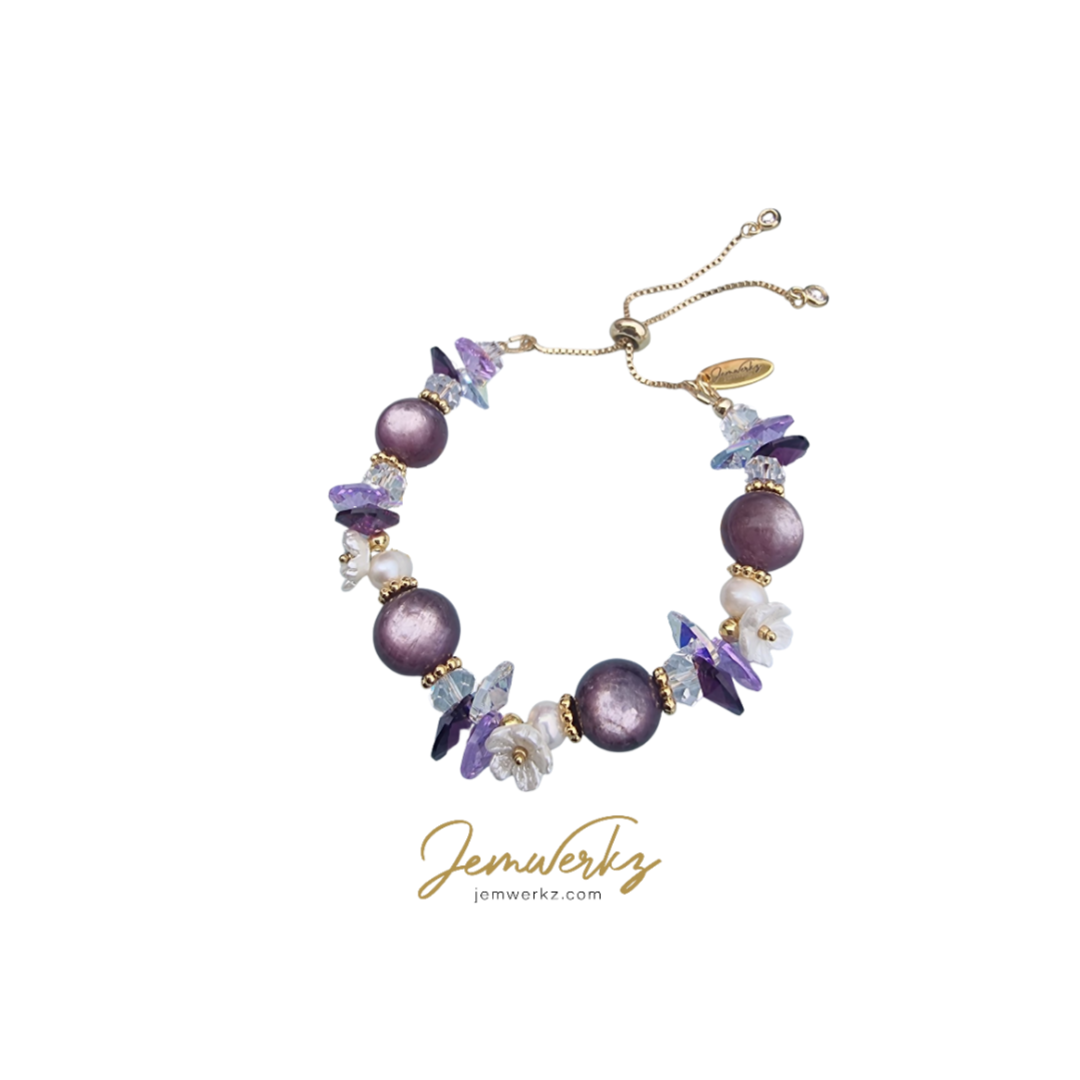 HANAMI - Floral Bracelet (Choice of Gemstone) with Clear Quartz, Freshwater Pearls, Pearl Shell Flowers and Swarovski Crystals